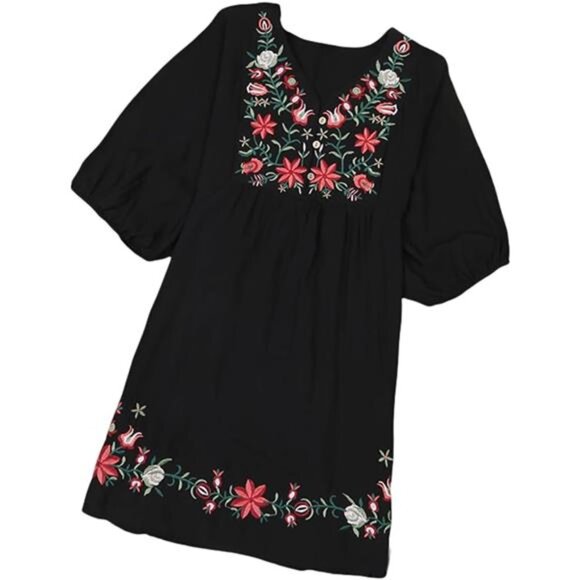 Kafeimali Women's Summer Mini Dress Bohemian Embroidery Tunic Shift Blouse - Picture 2 of 8